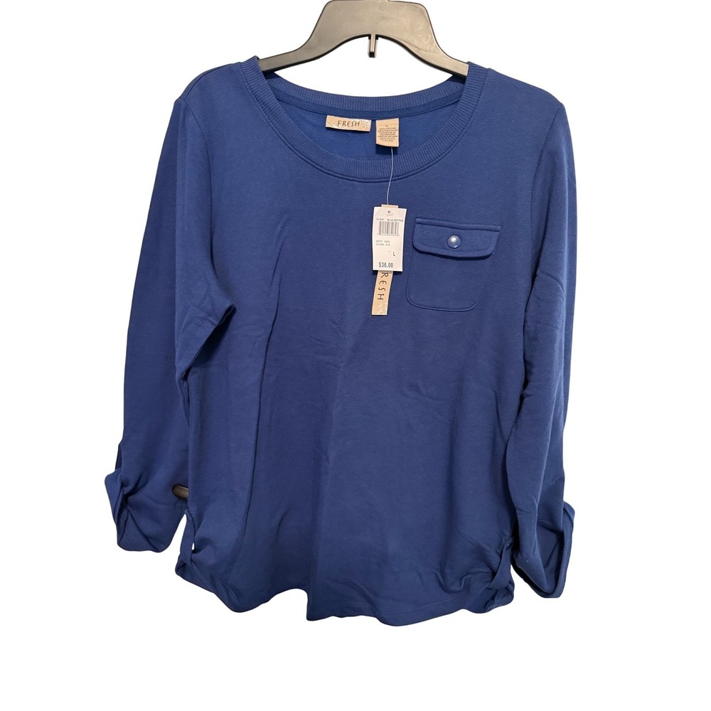 FRESH Women's Blue Long Sleeve Top with Pocket &‎ Roll Tab Sleeves - Size L